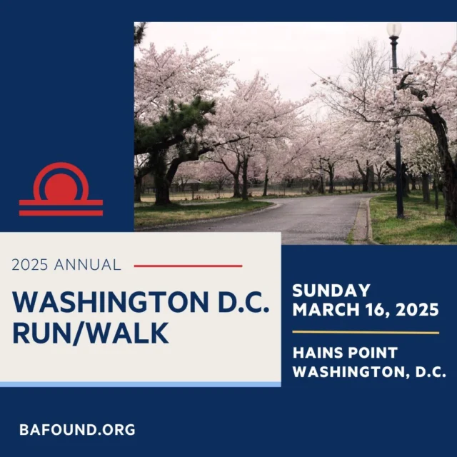 Join us on March 16, 2025, at Hains Point in Washington, DC, for a meaningful event supporting the Brain Aneurysm Foundation. Together, we can make a difference!  Learn more and register at: give.bafound.org/DC2025